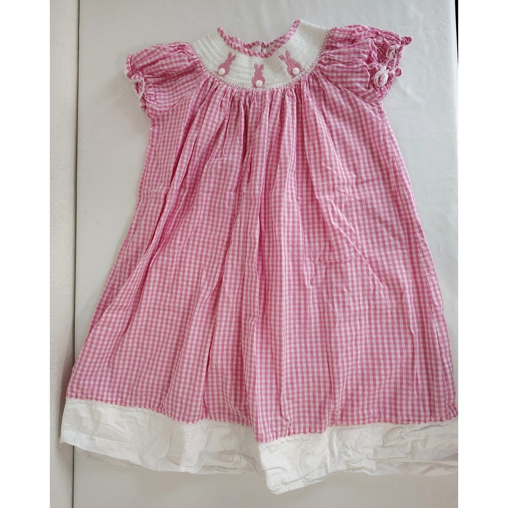Lil Cactus Easter Bunny Smocked Gingham Bishop Pink Dress - Size 6 - 100% Cotton